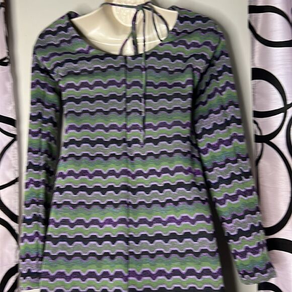 Vintage 90s Zara Green Purple Metallic Geo Striped Cutout Mini Dress Size M - Picture 10 of 11
